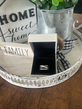 White Jewelry Ring Box with Black Velvet Interior and Silver Accent Ring